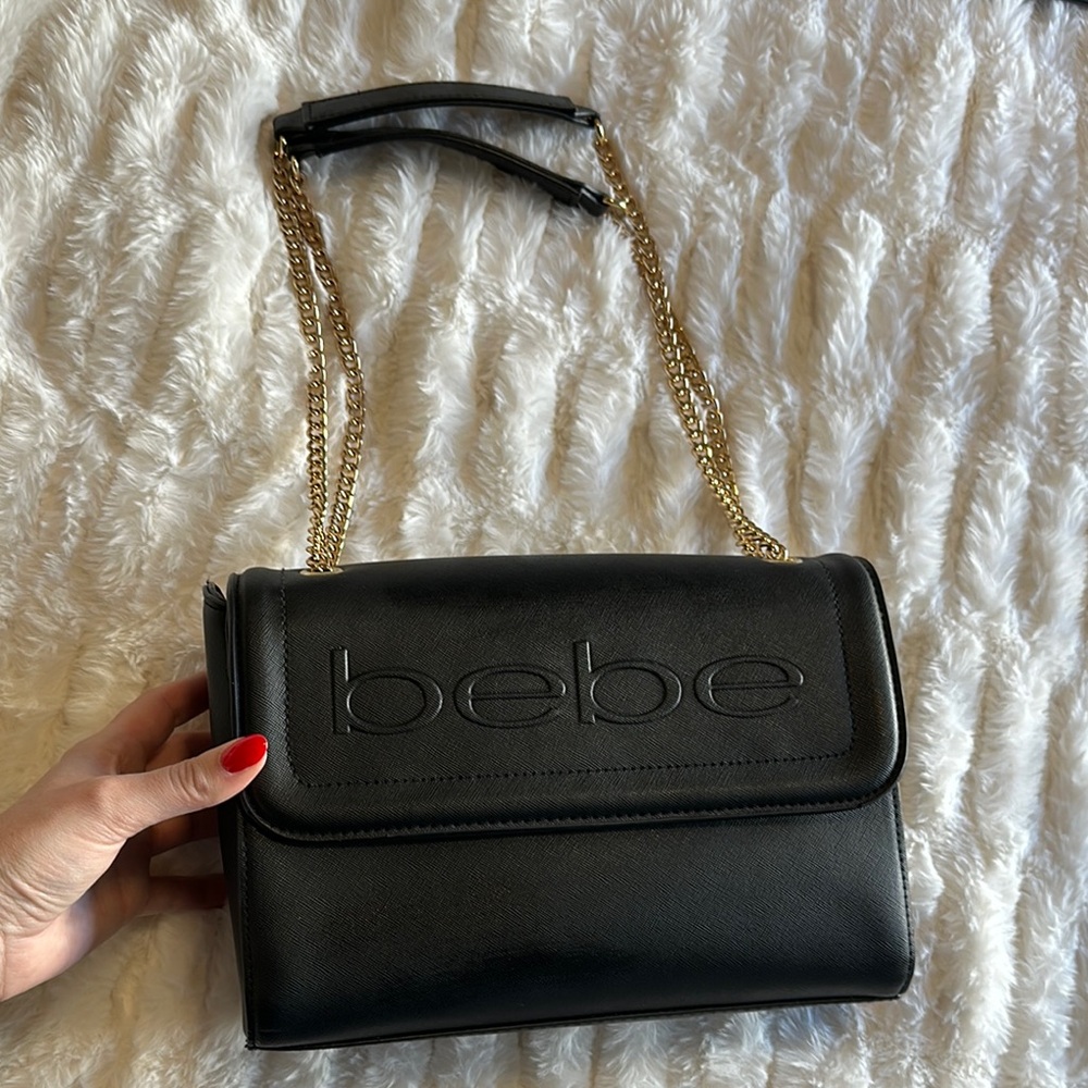 Bebe Black Shoulder Bag with Gold Chain